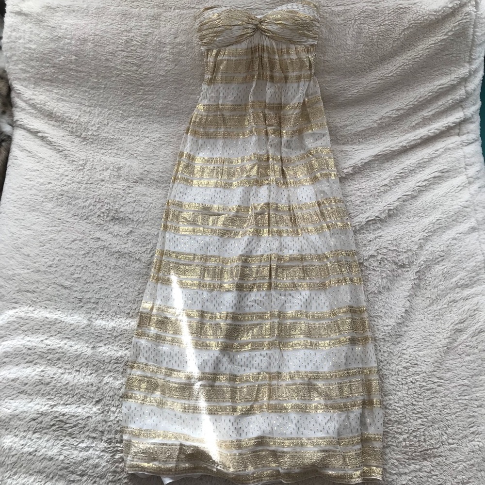 Aidan Mattox White Silk & Metallic Gold Maxi Dress